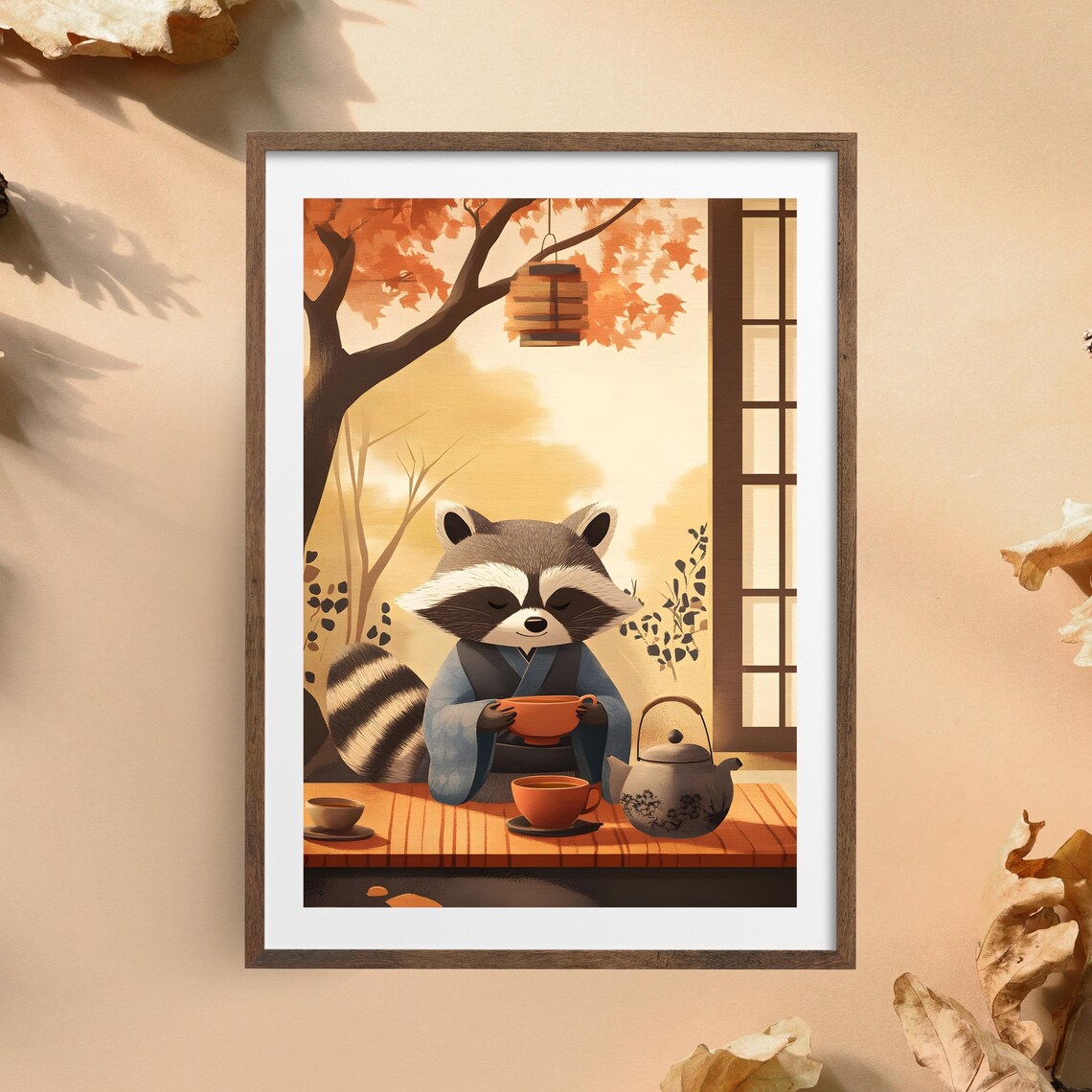 Japanese Tea Ceremony Raccoon in Kimono Autumn Garden Poster - Image 5