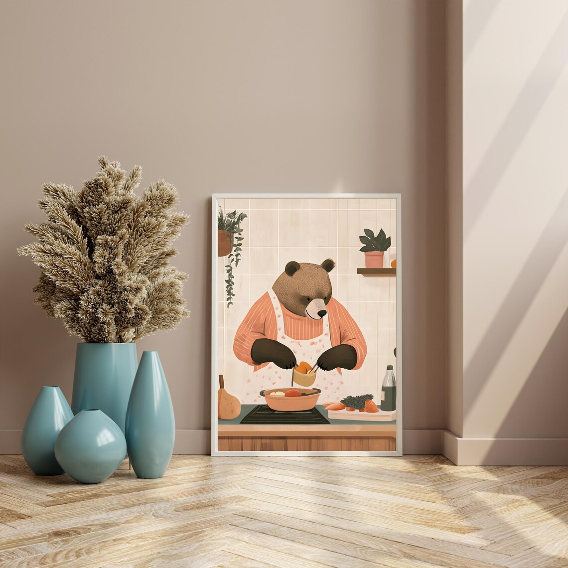 Cozy Bear Chef Cooking at the Stove Wearing a Floral Kitchen Apron Poster - Image 8