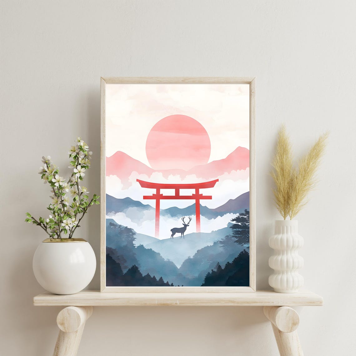 Japanese Sunrise Deer With Red Torii Gate Over Misty Mountains Poster - Image 4