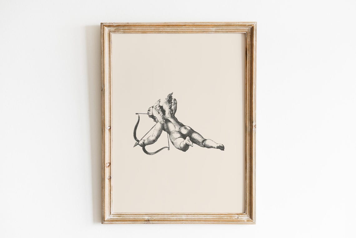 Vintage Cupid Reclining Aiming Bow Antique Engraving Love Art Poster