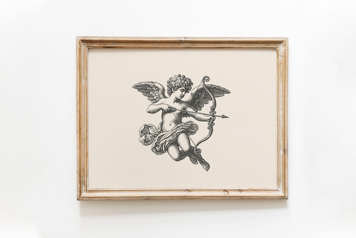 Vintage Cupid With Bow Antique Engraving Romantic Valentine Wall Art