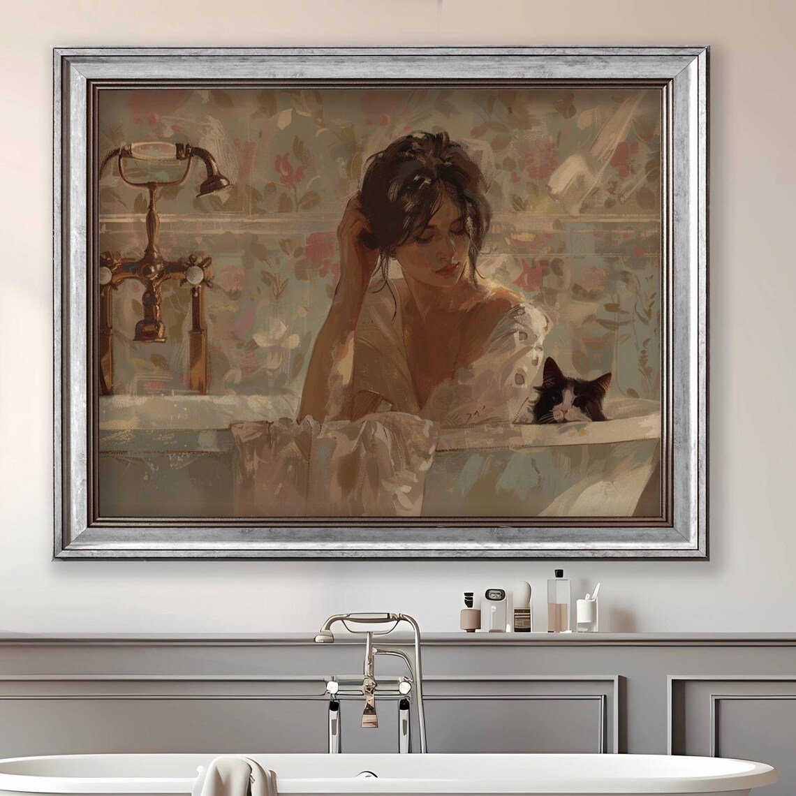 Elegant Woman Soaking in a Vintage Clawfoot Bathtub With a Tuxedo Cat Poster - Image 5
