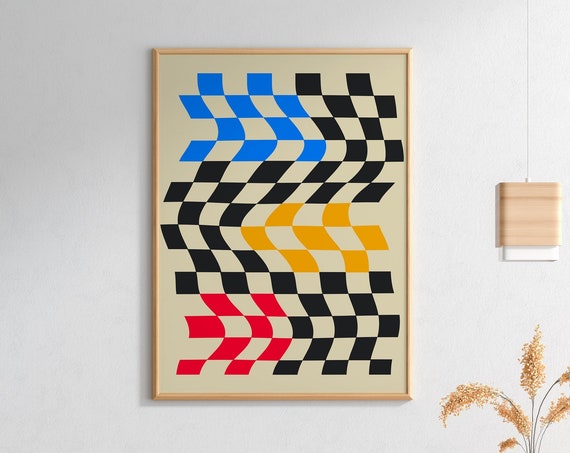 Primary Color Checkered Board Wall Art Wavy Trippy Funky Poster Design Art For Your Living Room Bedroom Art