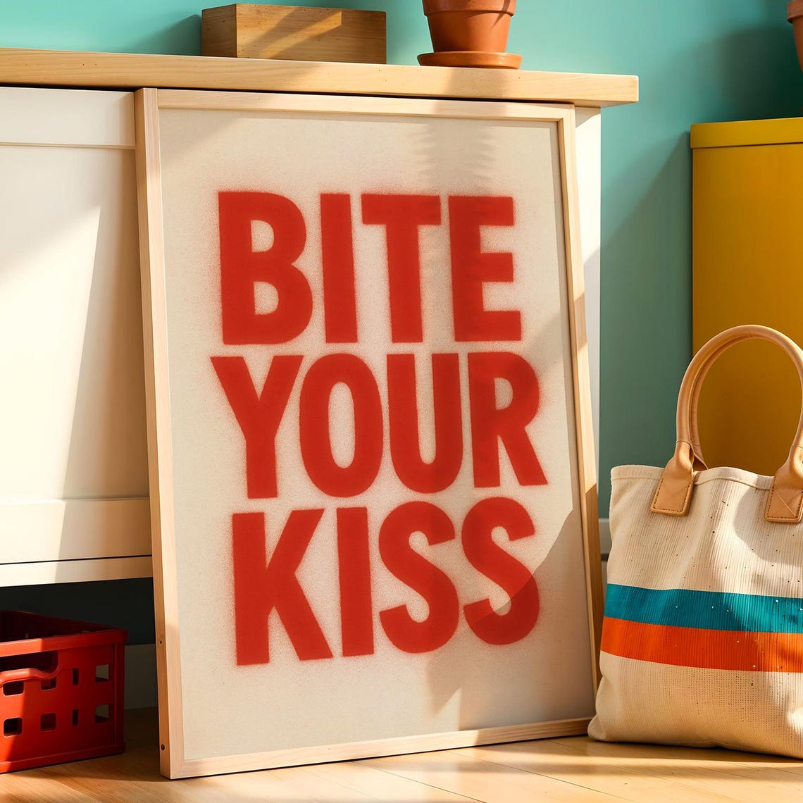 Bite Your Kiss Bold Red Spray Paint Typography Urban Wall Poster