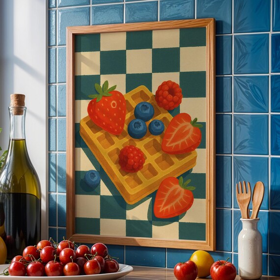Golden Waffle With Berries Retro Checkered Kitchen Art Poster