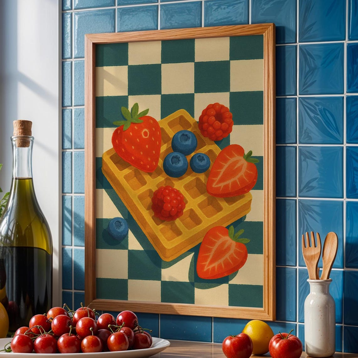 Golden Waffle With Berries Retro Checkered Kitchen Art Poster