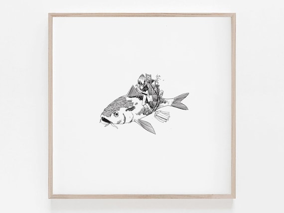 Ink Drawing of Diver Riding a Fish Whimsical Black and White Art Print