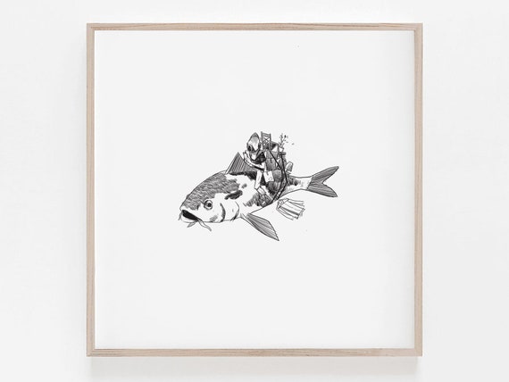 Surreal Fish Print Diver Moving Day Bw Art