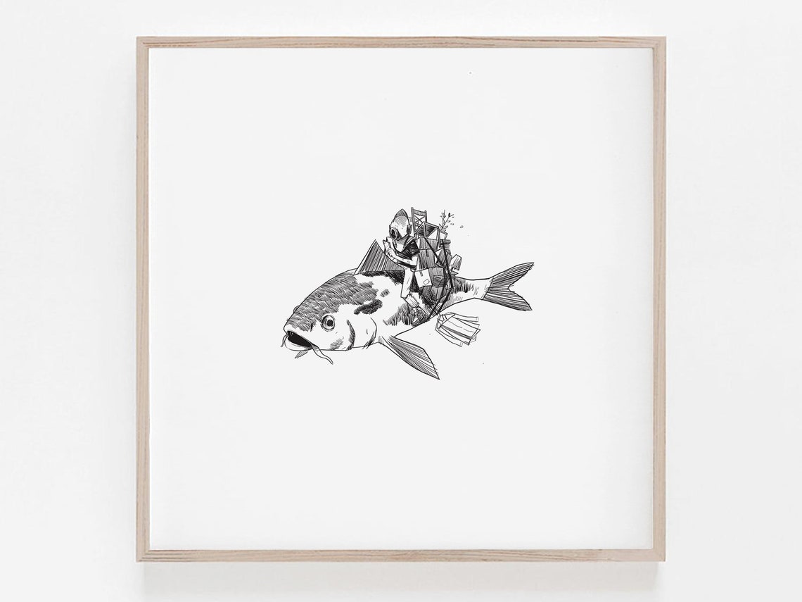 Surreal Fish Print Diver Moving Day Bw Art