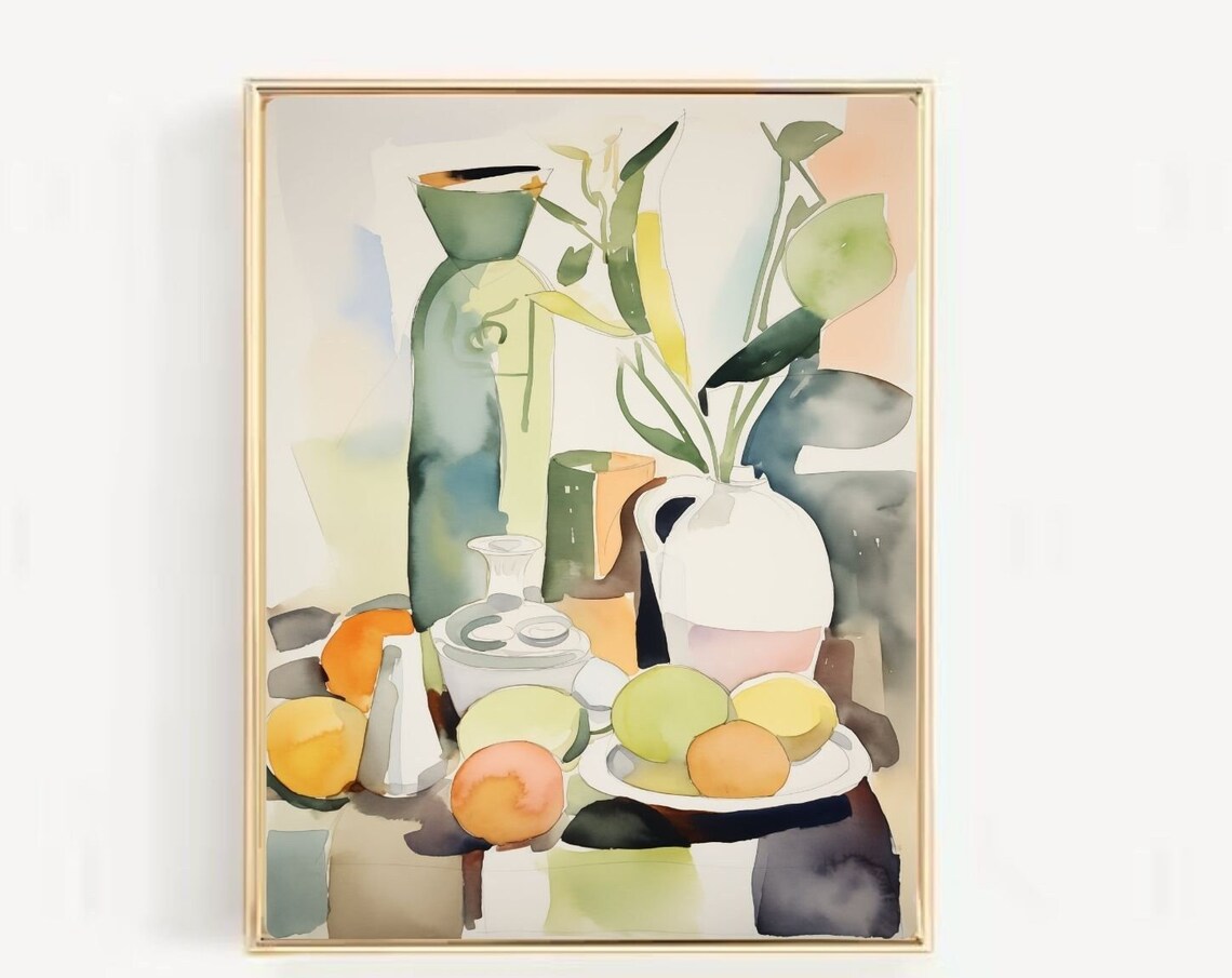 Watercolor Still Life with Tall Green Bottle and Fresh Fruit Poster - Image 3