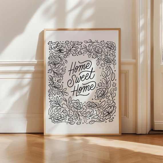 Home Sweet Home Floral Border Hand Lettered Farmhouse Art Poster