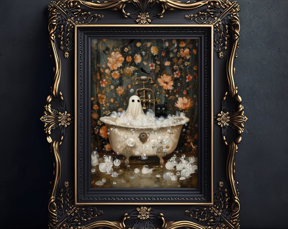 Ghost And Cat In Bathtub Bathroom Wall Art Print