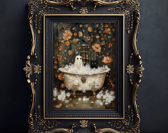 Ghost And Cat In Bathtub Bathroom Wall Art Print