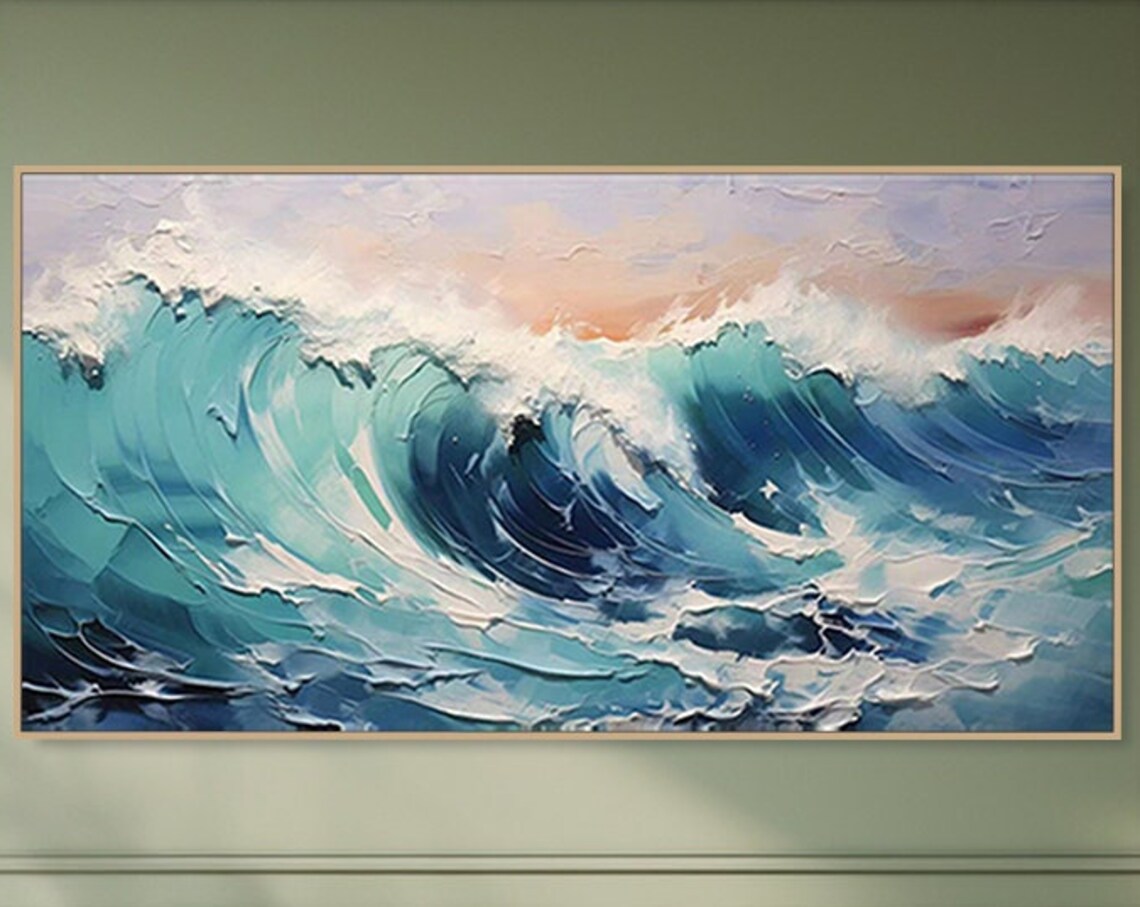 Ocean Wave Oil Painting, Abstract Blue Sea Art Print