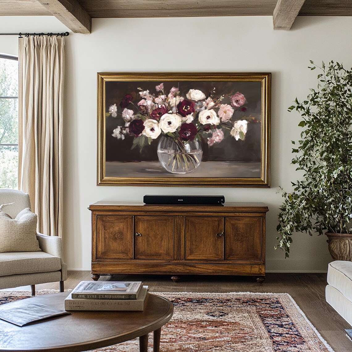Burgundy and Ivory Anemones Bouquet Vintage Style Floral Wall Print - Image 2