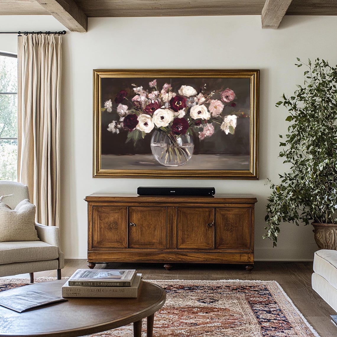 Moody Flowers Frame Tv Art Rustic Burgundy Floral Painting Dark Aesthetic Vintage Style Pink Valentines Day Mothers Day Art Tv413 - Image 2