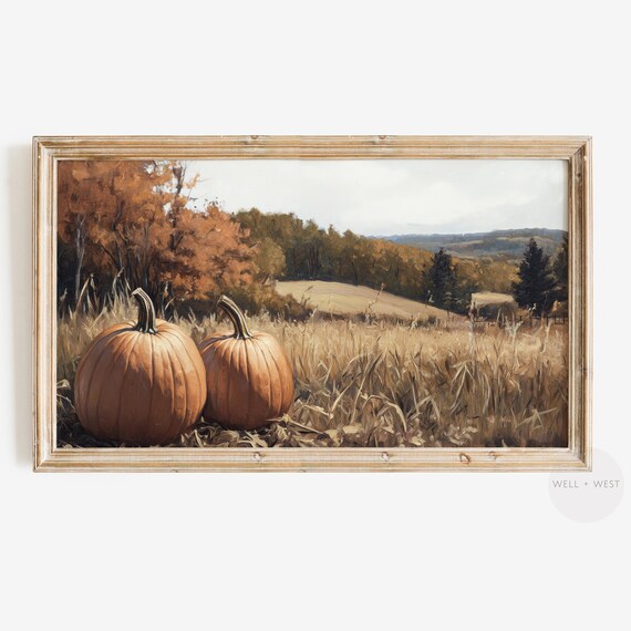 Rustic Pumpkins In Golden Field Autumn Harvest Countryside Wall Art