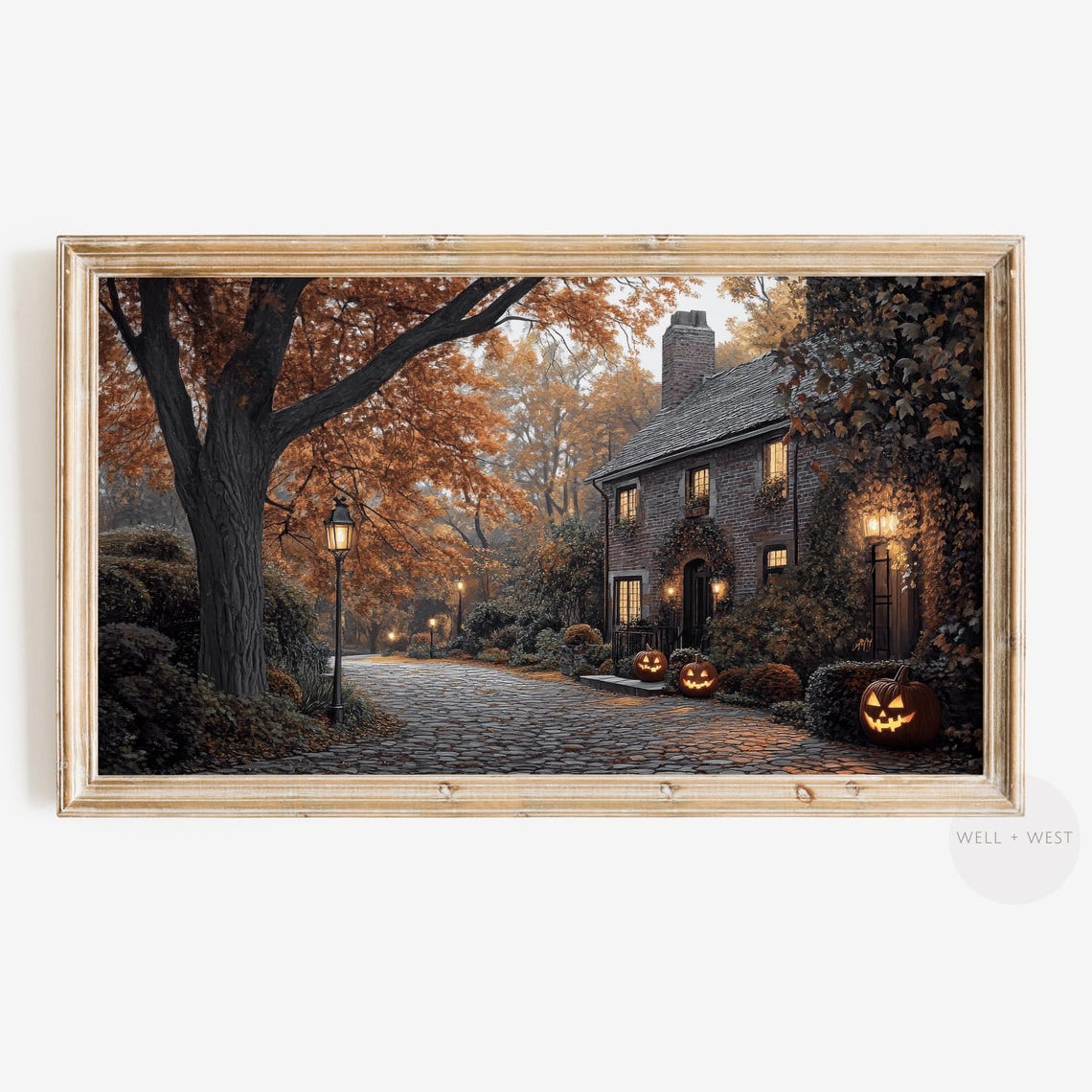 Cozy Village Street Brick Cottage Halloween Autumn Travel Poster