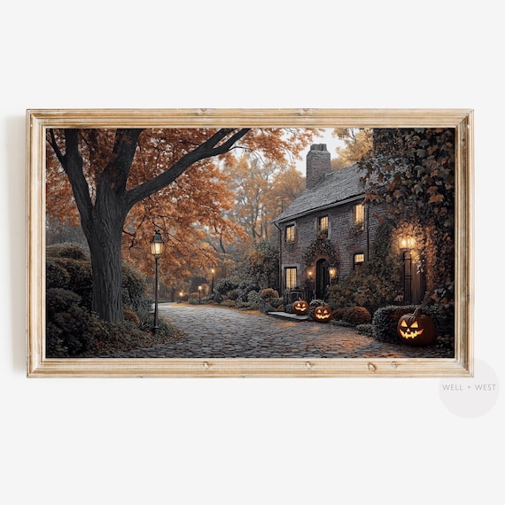 Cozy Village Street Brick Cottage Halloween Autumn Travel Poster