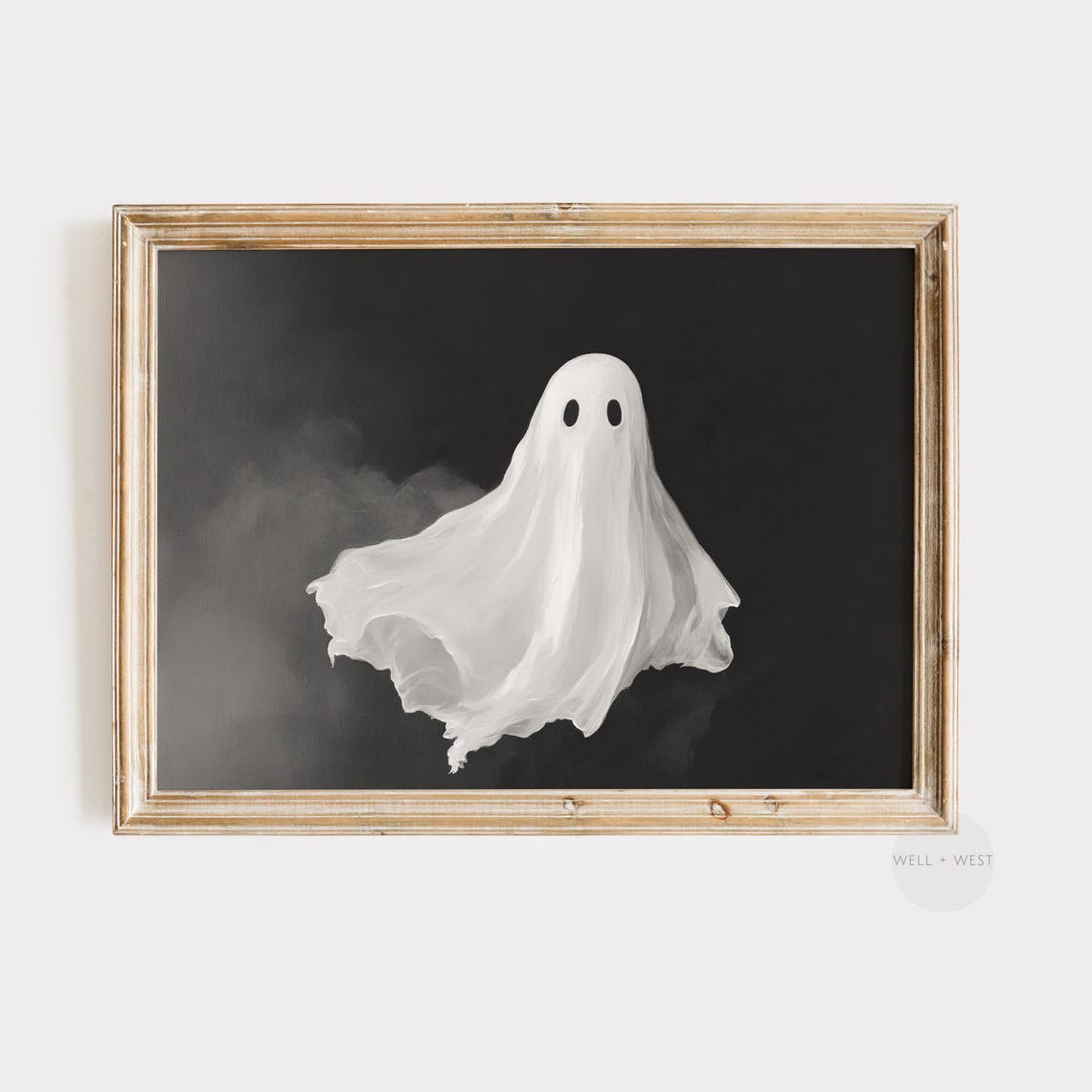 Cute White Ghost On Black Vintage Halloween Spooky Art Print
