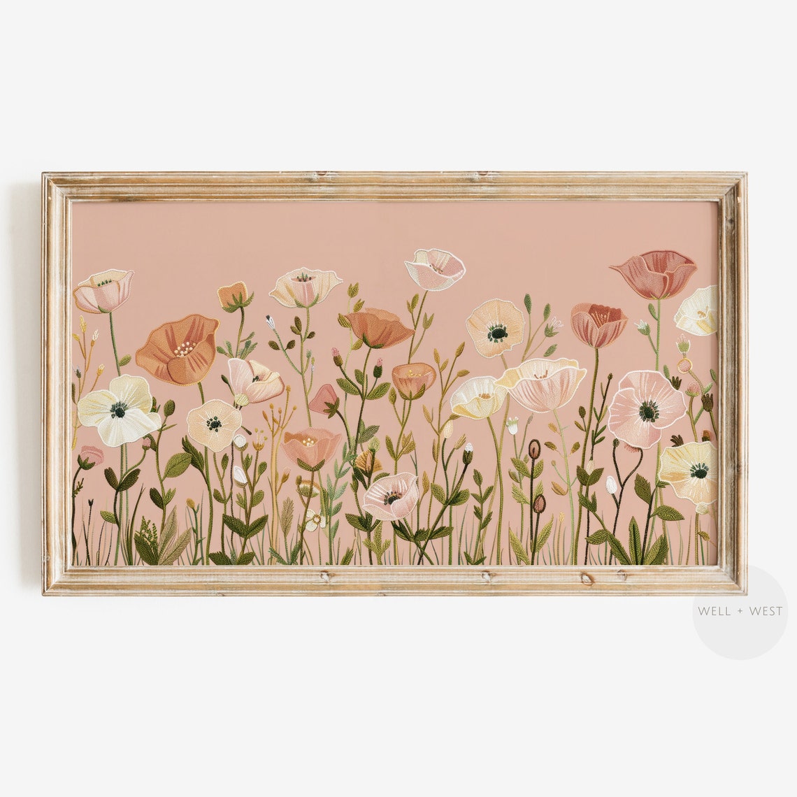 Peach Poppy Wildflower Meadow Illustrated Floral Vintage Art Poster