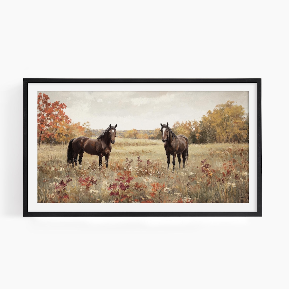 Vintage Fall Wild Horse Forest Landscape Art Print - Image 3