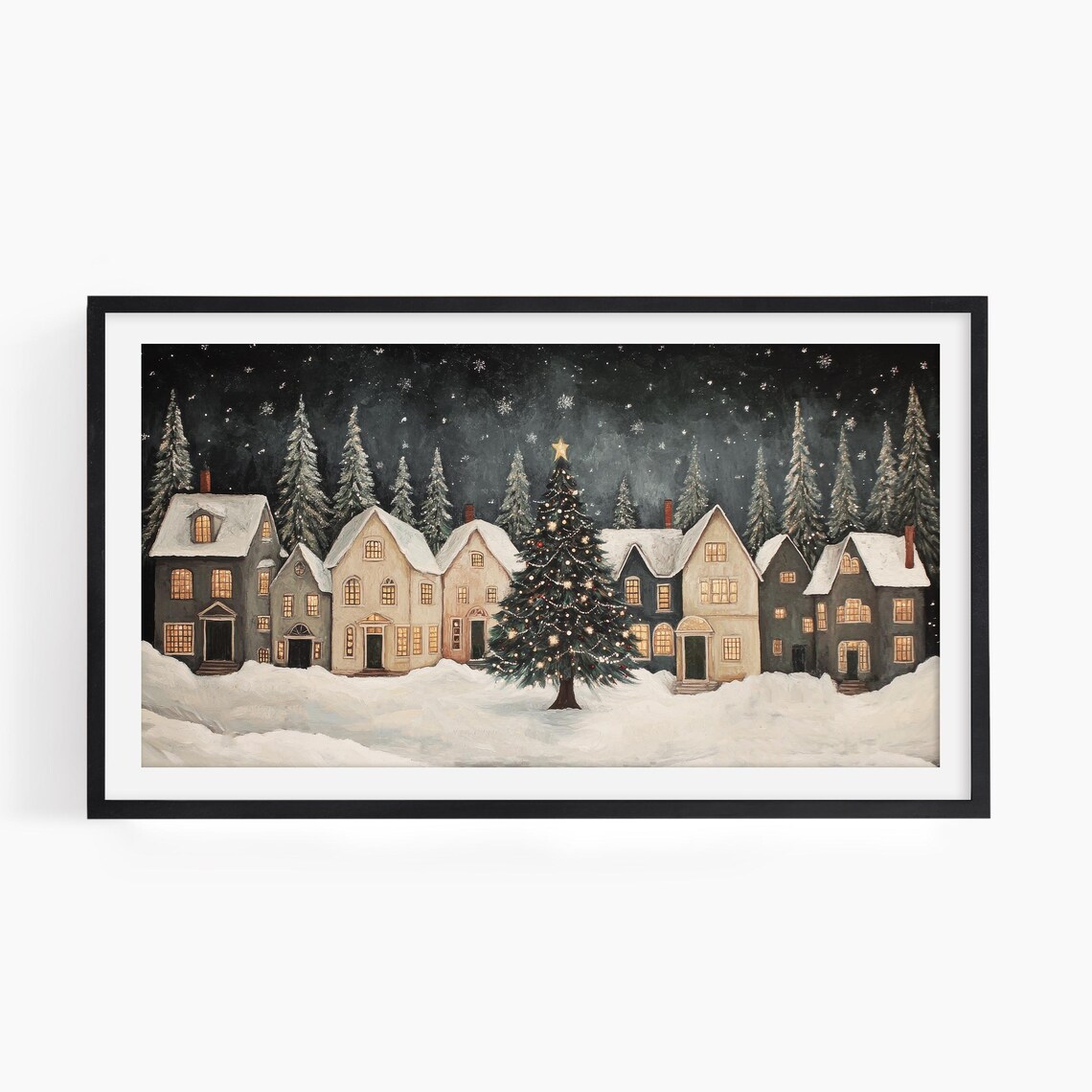 Winter Night Village Vintage Holiday Art Print - Image 2