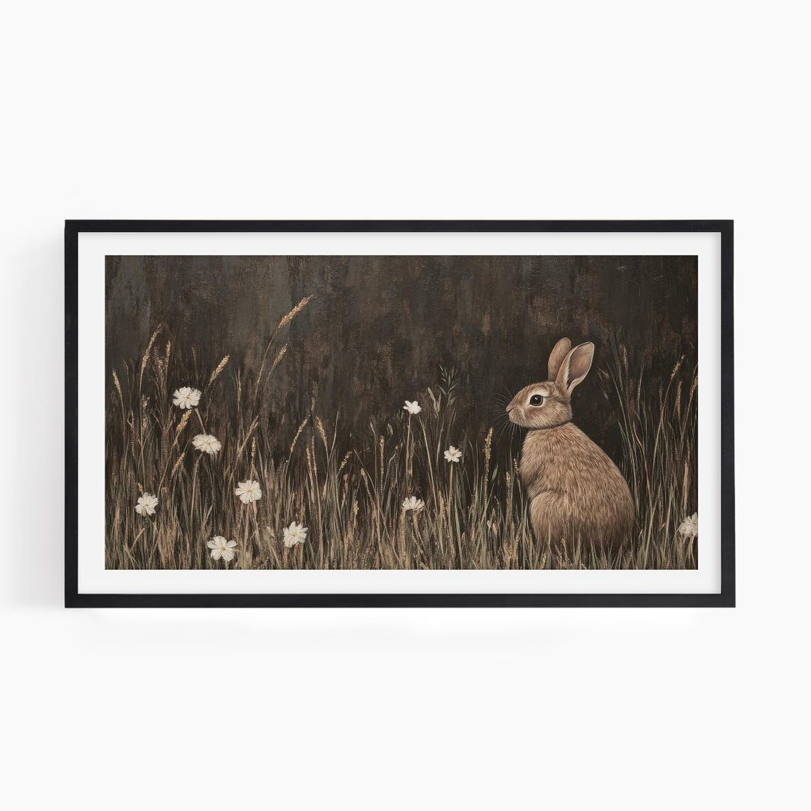 Lone Rabbit in Wildflower Meadow Dark Vintage Style Wall Art Print - Image 2