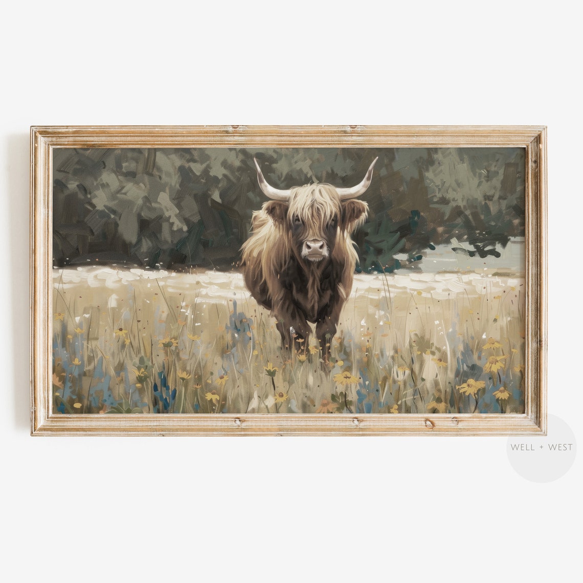 Frame Tv Art Highland Cow Vintage Style Wildflower Field Painting Summer Country Farmhouse Decor Scottish Cattle Tv065