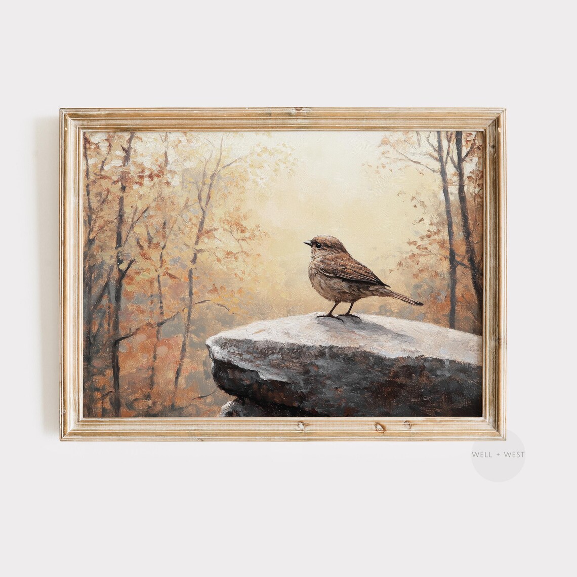 Vintage Bird On Rock Autumn Forest Landscape Painting Wall Art