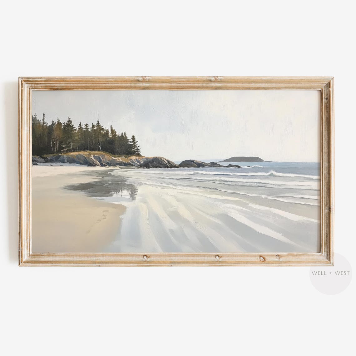 Pale Sandy Beach With Rocky Point Muted Coastal Seascape Wall Print
