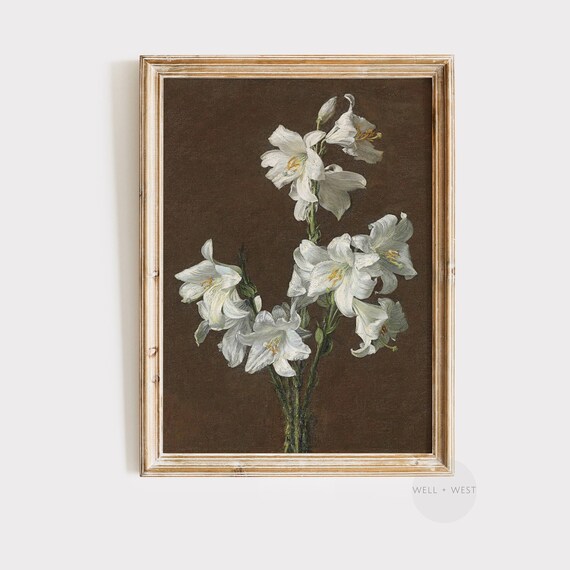 Dark Moody Floral Vintage Flower Oil Painting Botanical Wall Art Antique Art P077
