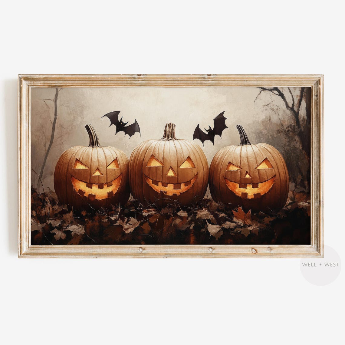 Three Glowing Jack O Lanterns Bats Vintage Halloween Art Print