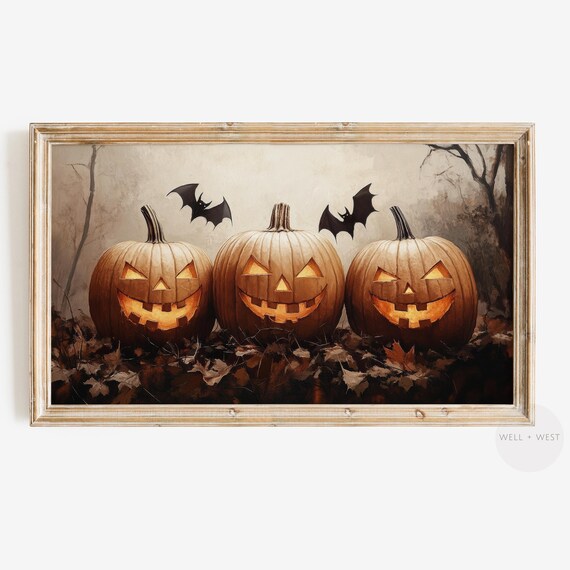 Three Glowing Jack O Lanterns Bats Vintage Halloween Art Print
