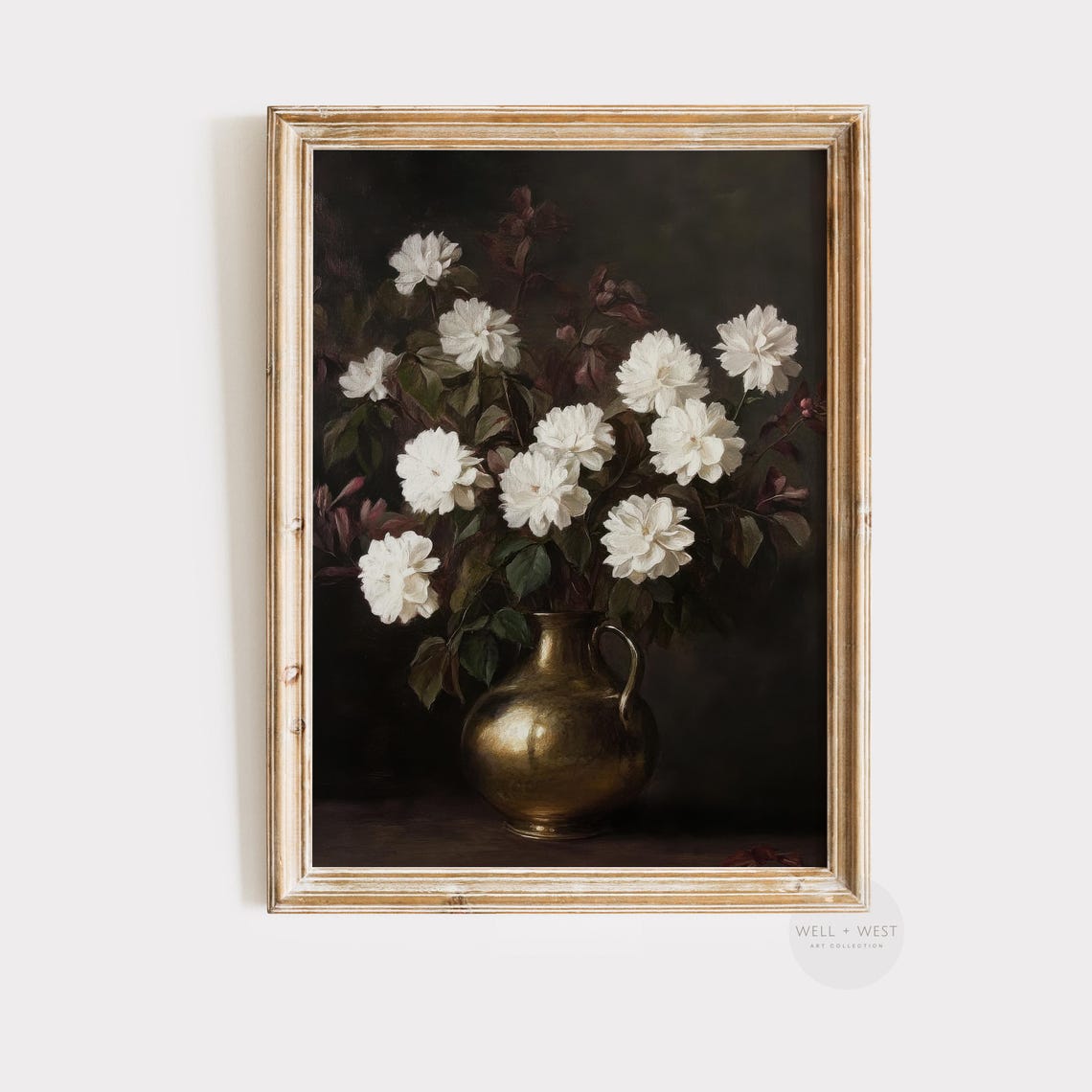Moody Floral Print White Wildflower Oil Painting Burgundy Botanical Art Dark Academia Painting Antique Home Decor P335
