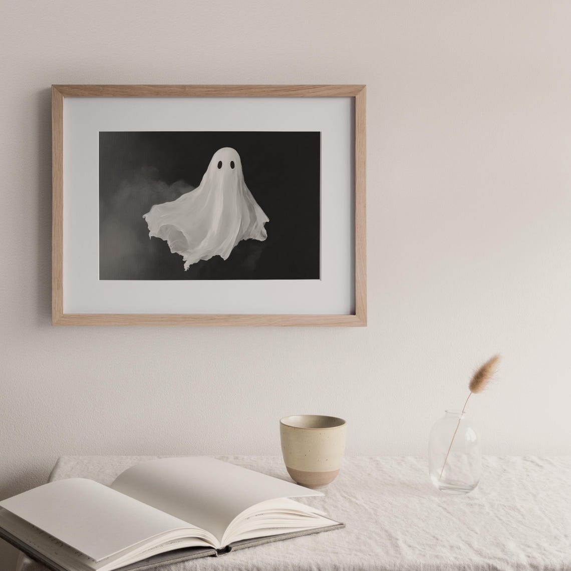 Cute White Ghost On Black Vintage Halloween Spooky Art Print - Image 2