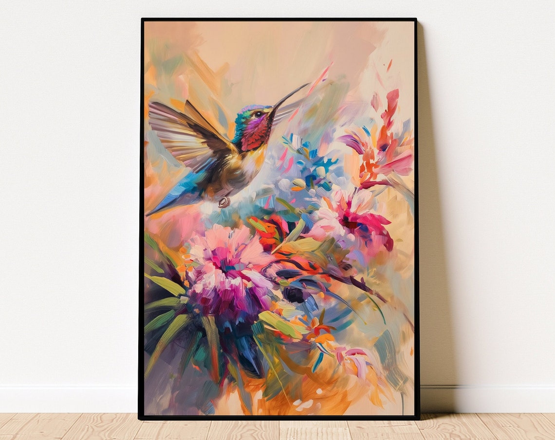 Colorful Hummingbird Poster Oil Painting Hummingbird Wall Art Vibrant Hummingbird And Flowers Colorful Bird Art Bird Poster
