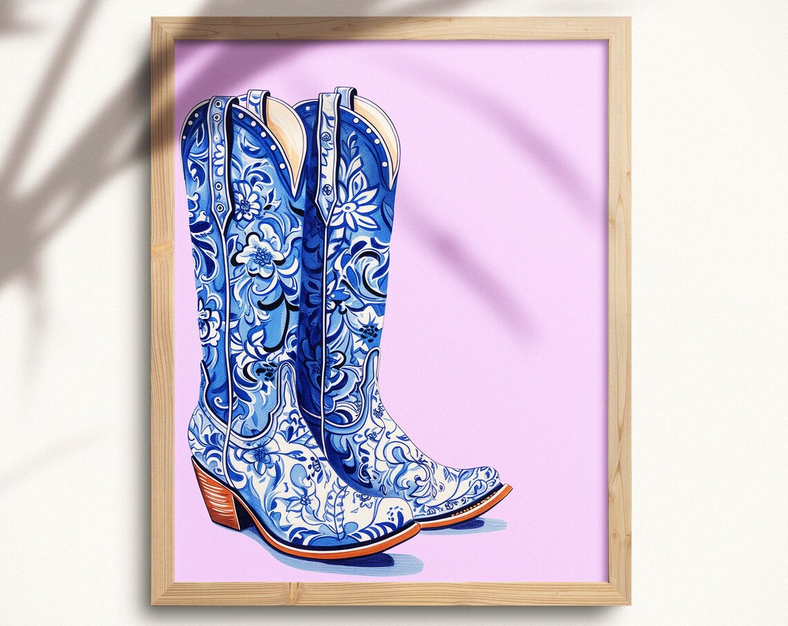 Blue Floral Cowboy Boots Preppy Western Cowgirl Style Wall Art