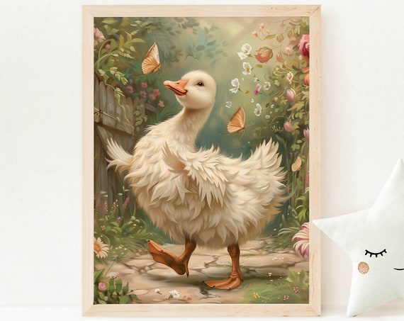 Silly Goose Wall Art Cute Goose Poster Whimsical Goose Chasing Butterfly Fairytale Print Farmhouse Nursery Decore Vintage Kids Room Decor