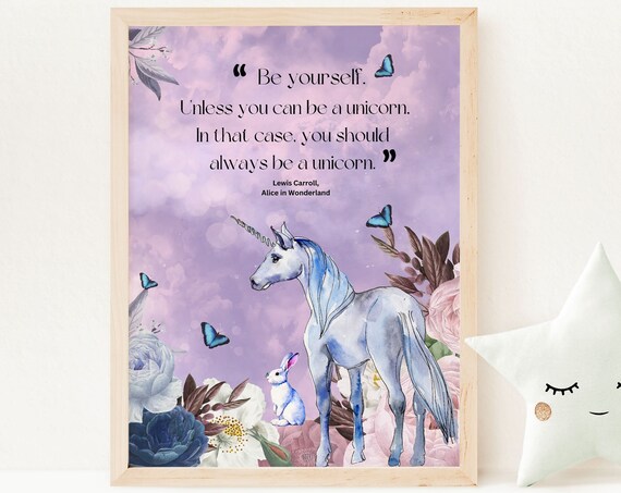 Alice In Wonderland Unicorn Quote Purple Butterfly Nursery Poster