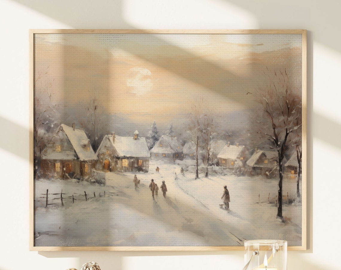 Vintage Christmas Village Wall Art Vintage Christmas Winter Snowy Wall Art Farmhouse Christmas Decor Xmas Town Painting Xmasv1 - Image 8