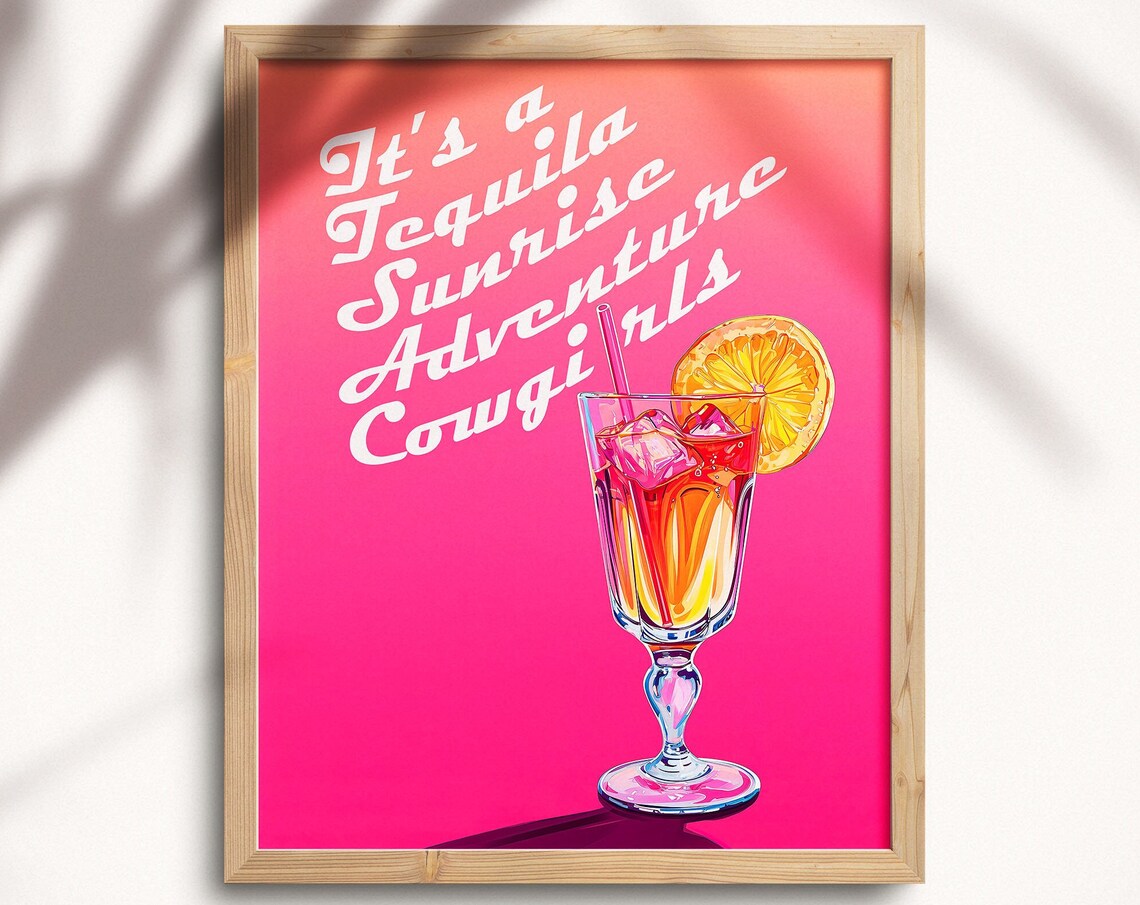 Tequila Sunrise Adventure Cowgirls Cocktail Retro Art Poster