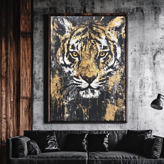 Abstract Tiger Canvas Wall Art Black And Gold Jungle Animal Painting Luxury Safari Decor For Living Room Statement Wildlife Print
