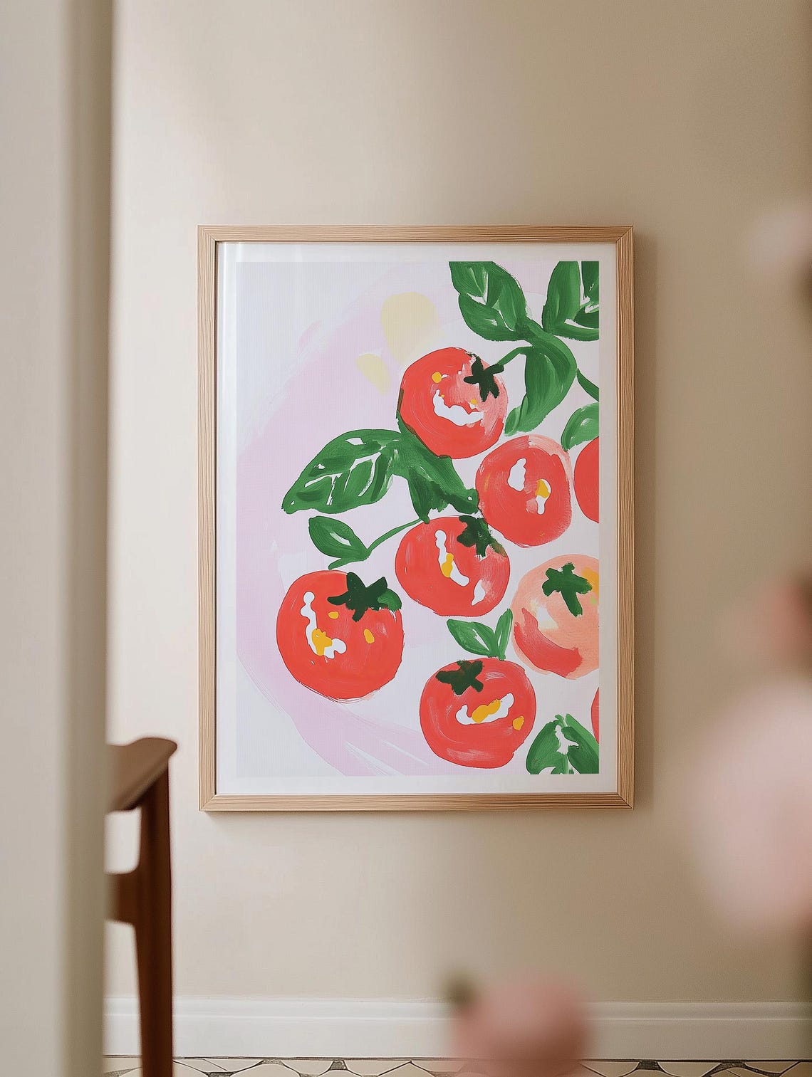 Juicy Painterly Tomato and Basil Still Life on Blush Pink Poster - Image 3