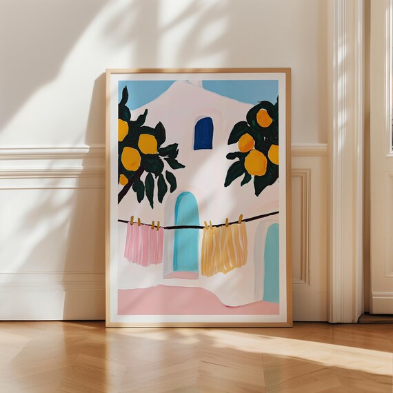 Italian Lemon Tree Courtyard Art Print with Pink House and Laundry Line