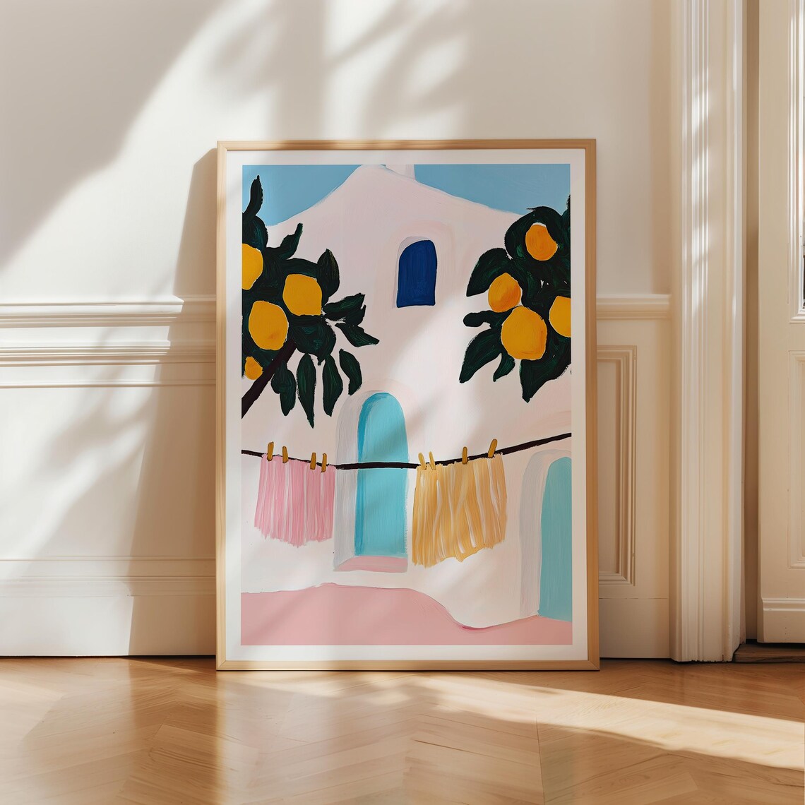 Italian Lemon Tree Courtyard Art Print with Pink House and Laundry Line