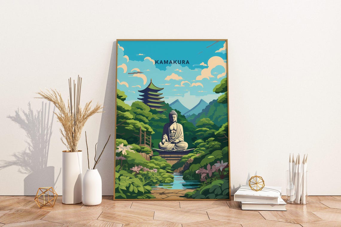 Kamakura Japan Great Buddha Pagoda Garden Vintage Travel Poster