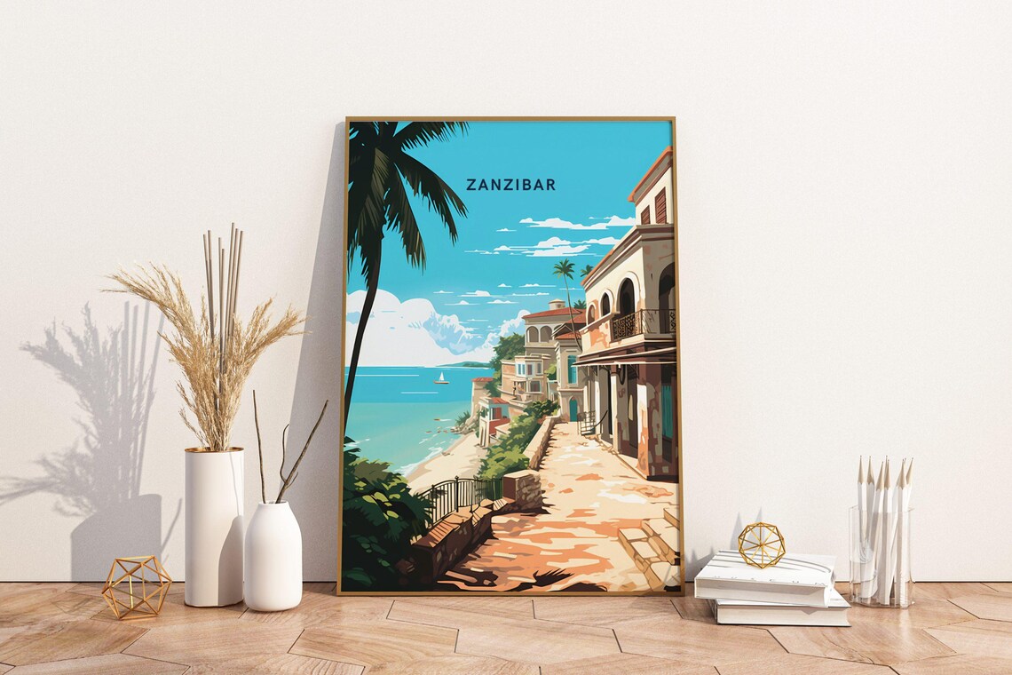 Zanzibar Tanzania Coastal Cliffs Palm Trees Vintage Travel Poster