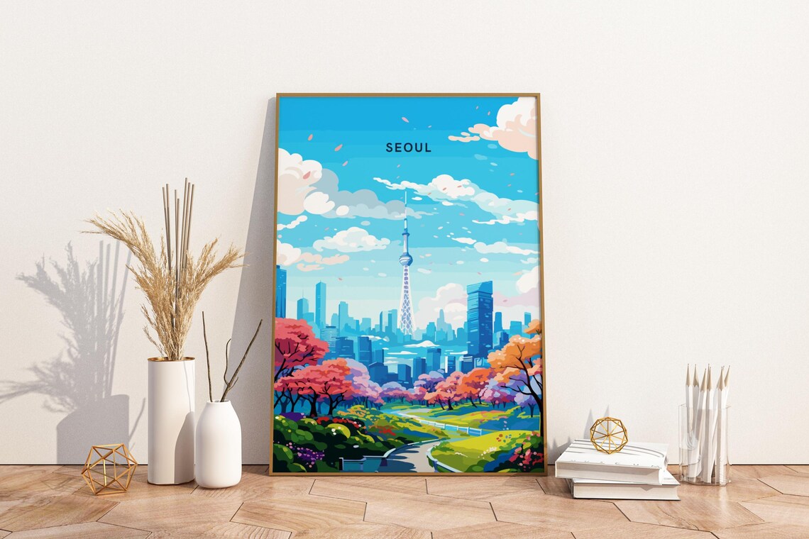 Seoul South Korea Cherry Blossom Tower Spring City Art Poster