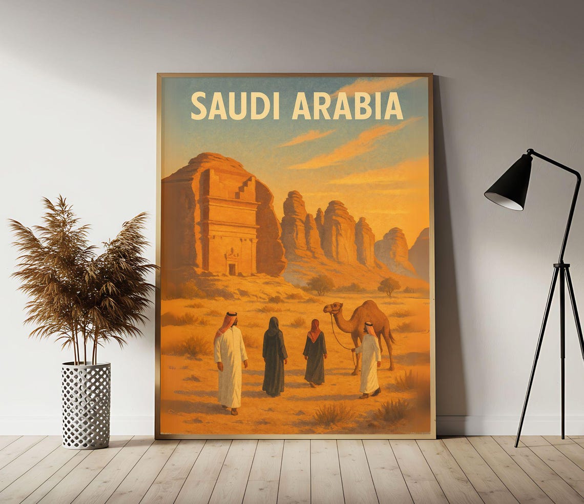 Saudi Arabia Ancient Desert Tombs Camel Vintage Travel Poster